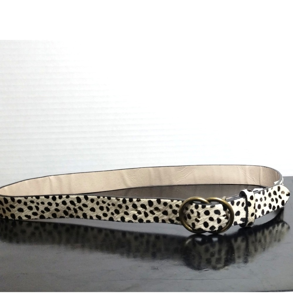 Dalmatian Print Calf Hair Belt White Black Double Ring Buckle Skinny 40 Inch